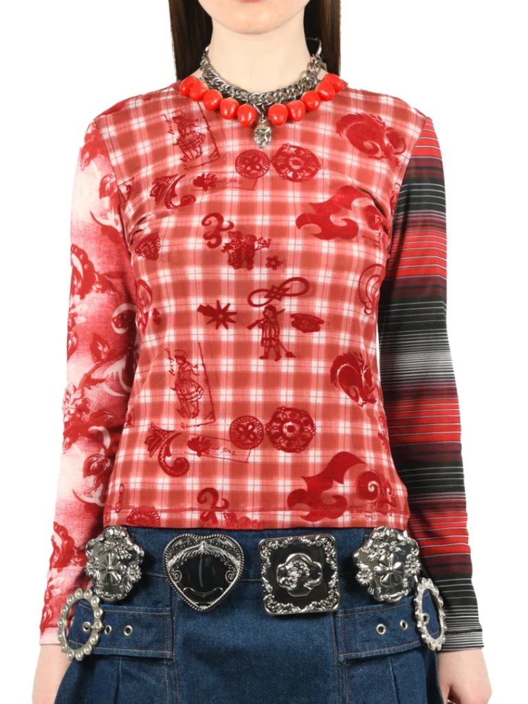 Chopova Lowena Red Trigger Flocked Mesh Long Sleeve T-Shirt Large